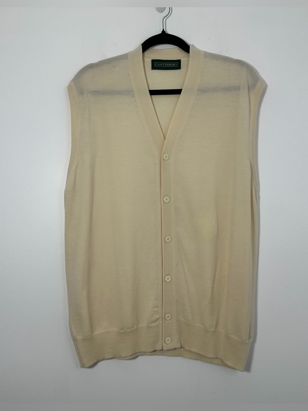 Canterbury Men's Size 42 Cream 100% Pure Wool Button Front Sweater Vest Vintage
